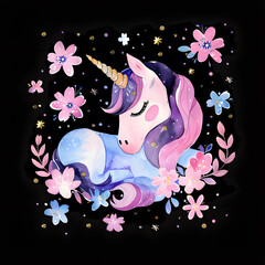 Cute fairy unicorn watercolor drawing isolated on black background
