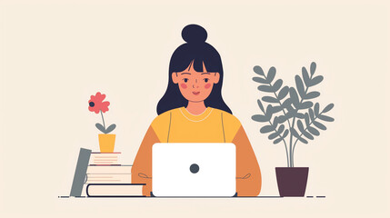 Girl sitting at a table and working on a laptop