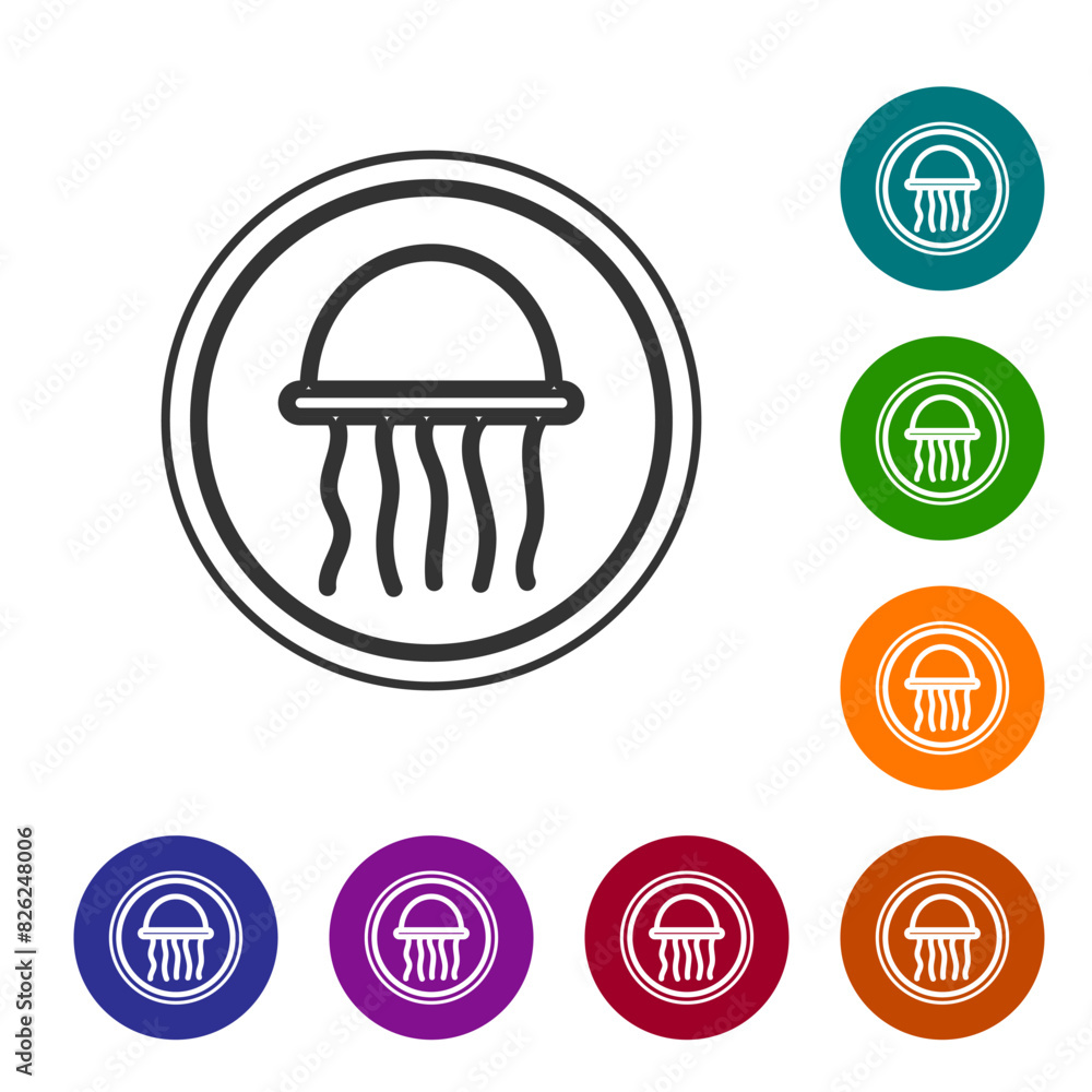 Poster black line jellyfish on a plate icon isolated on white background. set icons in color circle buttons