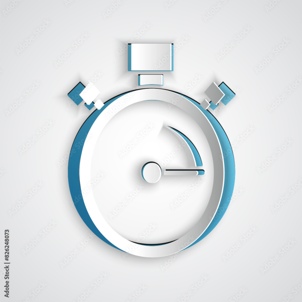 Poster paper cut stopwatch icon isolated on grey background. time timer sign. chronometer sign. paper art s