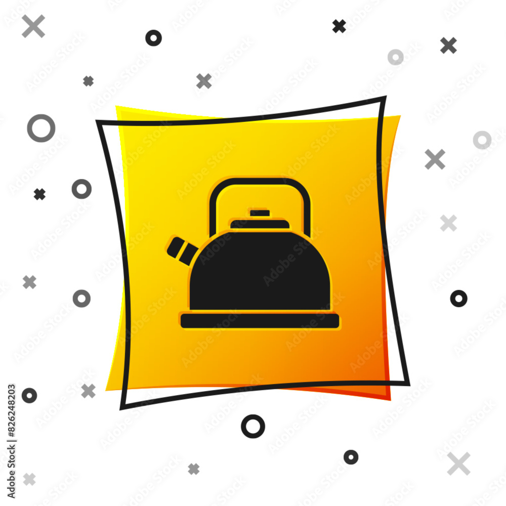 Poster black kettle with handle icon isolated on white background. teapot icon. yellow square button. vecto