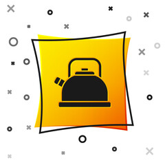 Black Kettle with handle icon isolated on white background. Teapot icon. Yellow square button. Vector