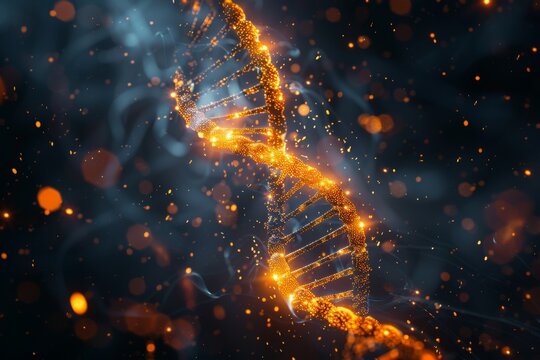 Fiery orange DNA sequence amidst cosmic dust, illustrating the fiery creation of molecular structures