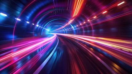 Obraz premium A tunnel with a bright blue light shining down on it. The tunnel is long and winding, and the light is creating a sense of movement and energy
