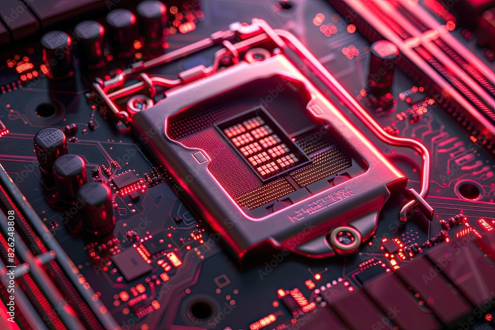 Poster a computer chip is shown in red light. the chip is a cpu and is surrounded by other electronic compo