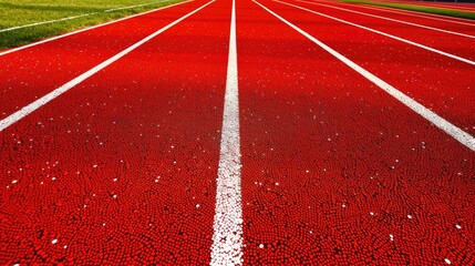 High school track and field ground, red running tracks with white lines on the sports complex of high schools, blue sky.