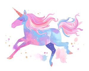 Pink and blue pastel colors unicorn silhouette riding watercolor cartoon illustration isolated on white background