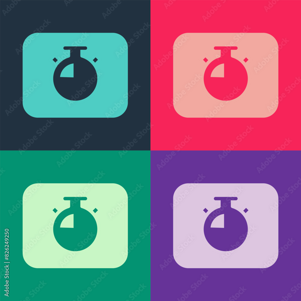 Poster pop art stopwatch icon isolated on color background. time timer sign. chronometer sign. vector