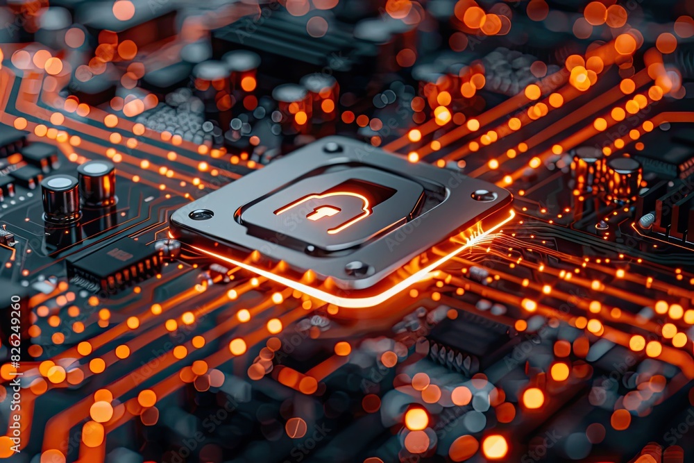 Poster a computer chip with a lock on it. the chip is surrounded by a lot of other electronic components