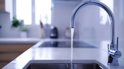 Water pours from the faucet into the kitchen. 