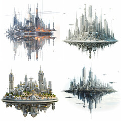 horizontal view of a futuristic city on a white background