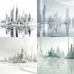 horizontal view of a futuristic city on a white background