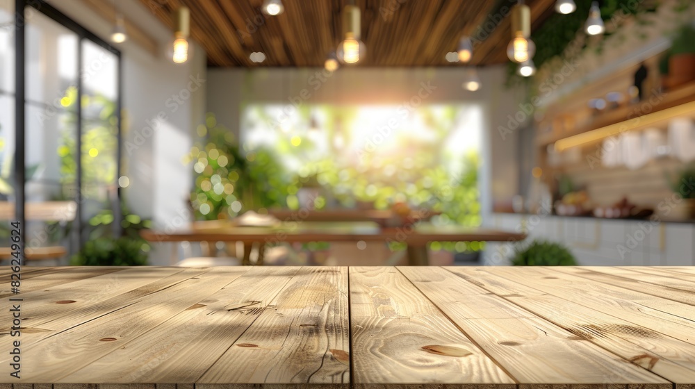 Poster a wooden table with a view of a kitchen and a dining room. the table is empty and the room is bright