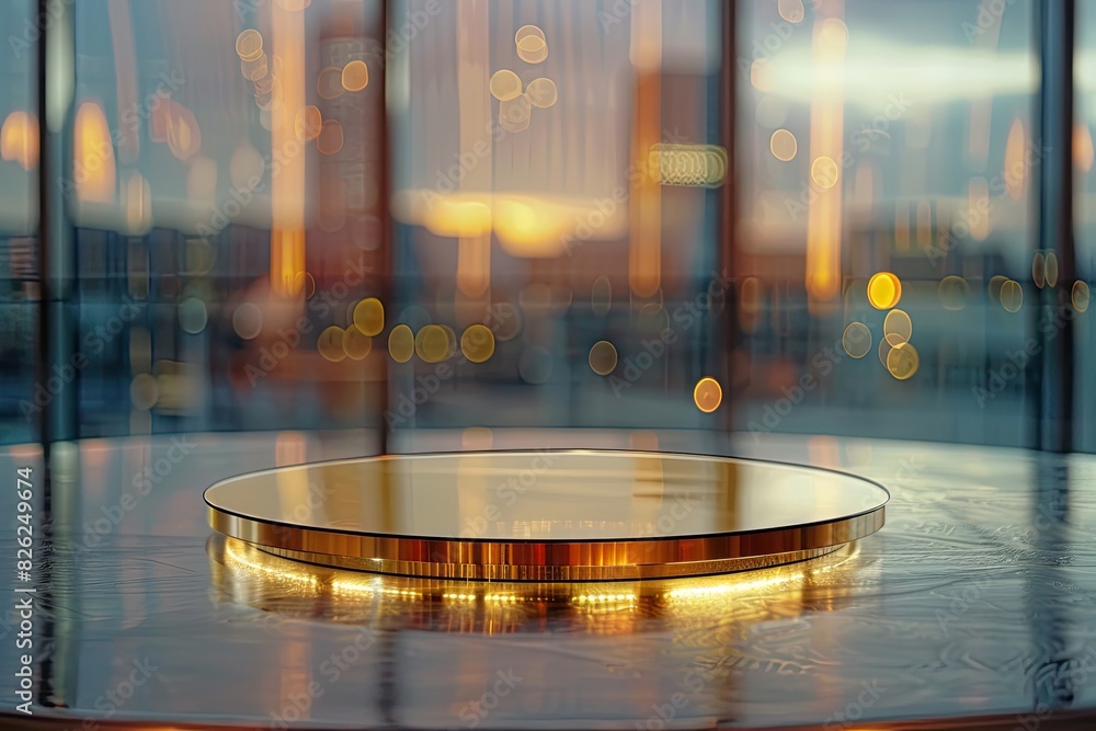 Poster a gold colored round table with a mirror on top of it. the table is surrounded by a circular area wi