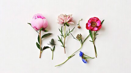   A collection of blooms resting atop a table adjacent to one another upon a piece of paper