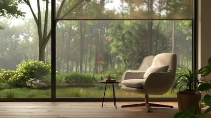 A minimalist living room with large windows overlooking a quiet garden, featuring a comfortable chair, a small side table with a book and a cup of tea, and soft natural light filling the space