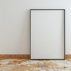 Minimalist room with a blank mockup frame on a white wall and a cork floor. Ultra HD 3D rendered image.