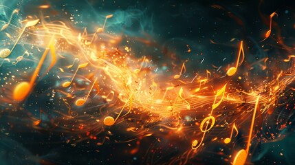 Golden musical notes float in a swirling wind, creating an enchanting atmosphere of melody and magic in the air. Generative AI