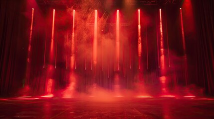 A red stage with smoke and lights. The stage is set for a performance
