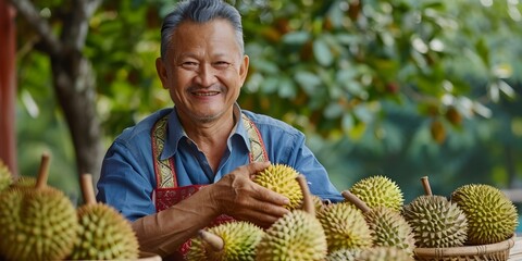 Thai Man Showcasing Durian and Tropical Fruits Basket at Throne Chair Shop during Social Media Live...