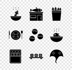 Set Soup with octopus, Seafood store, Fishing bucket fishes, Canned, Sushi on cutting board, Stingray, Served crab plate and Takoyaki icon. Vector