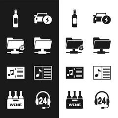 Set FTP folder, settings, Bottle of wine, Electric car, Music book with note and icon. Vector