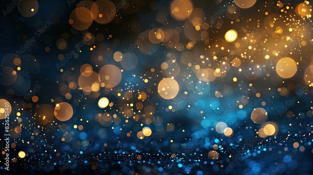 Poster a blue and gold background with many small circles. the circles are of different sizes and colors. t