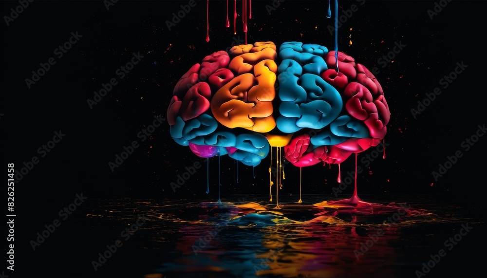 Poster a vivid image of a multicolored brain melting into vibrant drips over dark reflective waters, under 
