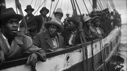 Historic Arrival: African Immigrants on a Ship During Windrush Era