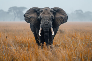 Naklejka premium Majestic elephant standing in misty savannah. Ideal for wildlife, safari, and nature conservation projects