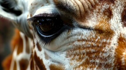 Naklejka premium A close-up of a giraffe's eye with brown and white spots on its face