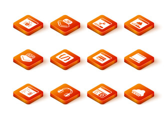 Set Software, Headphones, Processor, Programming language syntax, Debugging, Search engine, Web development and Laptop icon. Vector