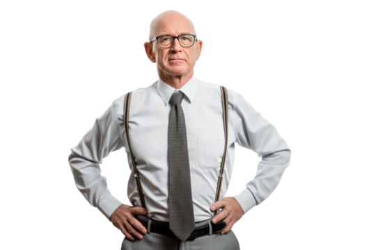 Serious Bald Man in Glasses with Hands on Hips