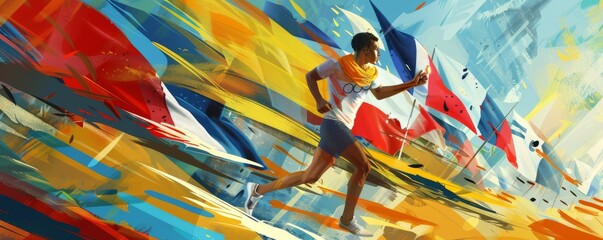 Stylized Olympic torch relay scene with runner holding torch and dynamic background