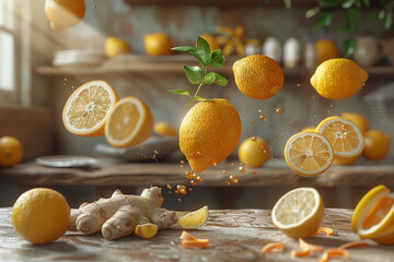 Levitation lemon and ginger on table, creative concept, 3d render