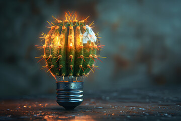 A cactus light bulb, ecology concept, 3d render