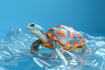 A turtle under transparent plastic bag, blue background, planet pollution, ecology concept, 3d render