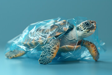 A turtle under transparent plastic bag, blue background, planet pollution, ecology concept, 3d render