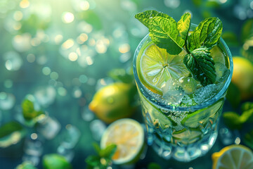 Summer drink with lime mint and lemon, 3d render