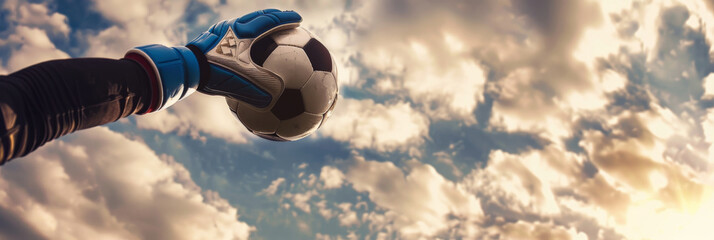 A soccer ball is in the air, with a person s hand holding it