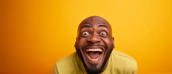 A man with a big smile on his face is wearing a yellow shirt. He looks happy and is looking at the camera. Bald black guy smiling with mouth closed, eyes wide and excited of winning a prize