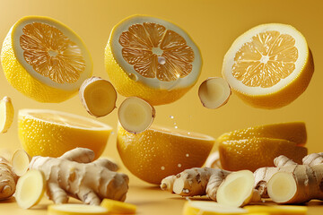Levitation lemon and ginger on table, creative concept, 3d render