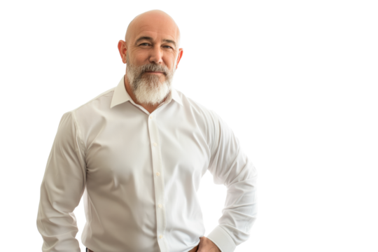 Bald Mature Man in White Shirt with Hands on Hips