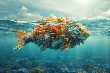 Fish silhouette made of plastic trash in the ocean, planet pollution, ecology concept, 3d render