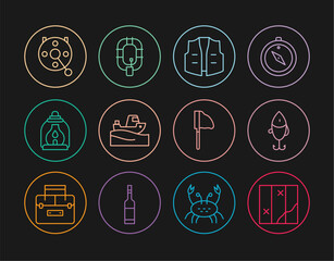 Set line Folded map, Fishing lure, jacket, boat on water, Camping lantern, Spinning reel for fishing, net with and Inflatable icon. Vector
