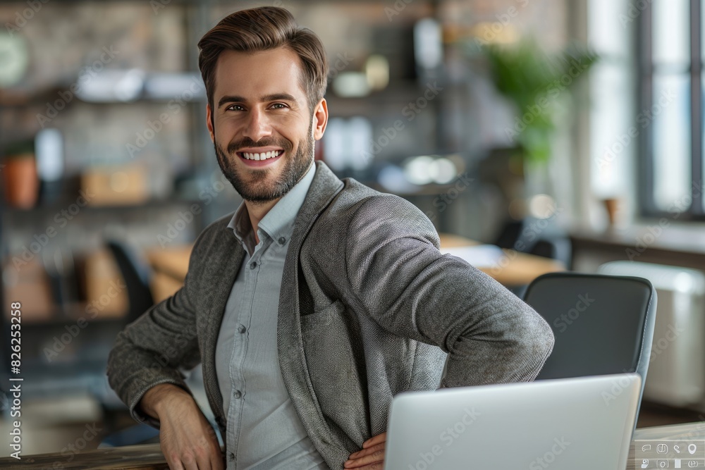 Poster a man is sitting at a desk with a laptop in front of him. he is smiling and he is happy