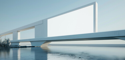 Obraz premium Realistic 3D render of a minimalist bridge with a blank billboard for impactful riverfront ads, accented with a light border.