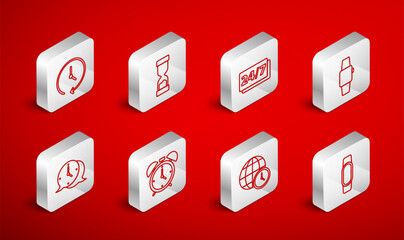 Set line Smartwatch, Old hourglass, Clock 24 hours, World time, Alarm clock and speech bubble icon. Vector