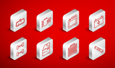 Set line Car chain, Check engine, Canister for motor oil, battery, radiator cooling system, mirror, door and Chassis car icon. Vector