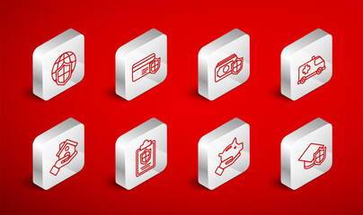 Set line Graduation cap with shield, Credit card, Money, Emergency, Piggy bank, Shield world globe, Document and House insurance icon. Vector